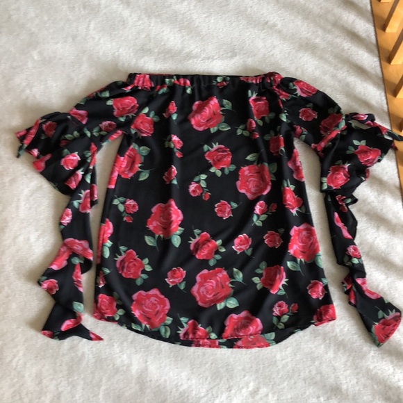 Anthro off the shoulder black dress with red roses - Picture 2 of 9